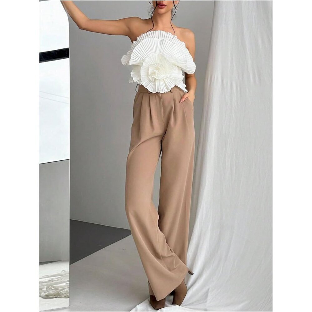 Women’s 3D Flower Strapless Bandeau Top Sleeveless Crop Slim Fit - Picture 5 of 6